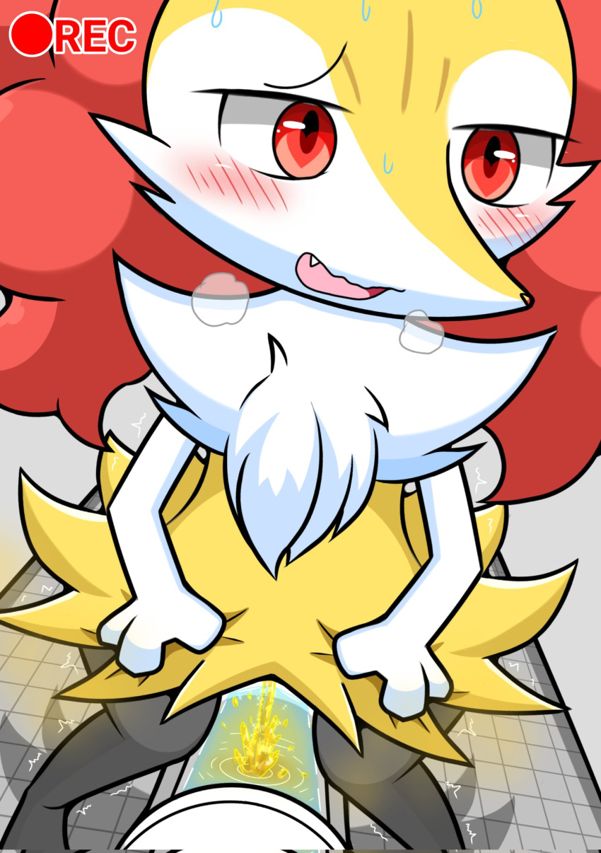 ambiguous_gender bathroom blush bodily_fluids braixen camera_hud feral generation_6_pokemon genital_fluids hi_res nintendo omorashi peeing pokemon pokemon_(species) queen_kemono shaking solo trembling urine