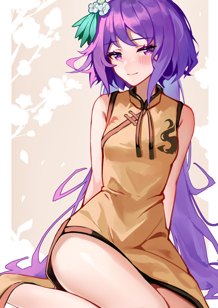 1girl absurdres adapted_costume ailu_elf ass blush brown_dress china_dress chinese_clothes closed_mouth dress flower hair_flower hair_ornament highres long_hair looking_at_viewer purple_eyes purple_hair sleeveless sleeveless_dress smile solo touhou tsukumo_benben white_flower