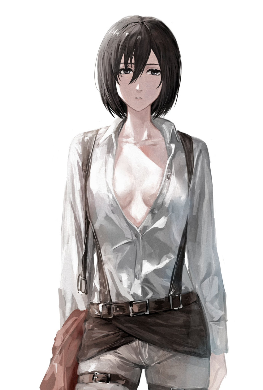 1girl black_eyes black_hair breasts breasts_apart collarbone cowboy_shot hair_between_eyes highres long_sleeves looking_at_viewer medium_breasts mikasa_ackerman open_clothes open_shirt pants parted_lips raberu_ruru shingeki_no_kyojin shirt simple_background solo standing suspenders white_background white_pants white_shirt