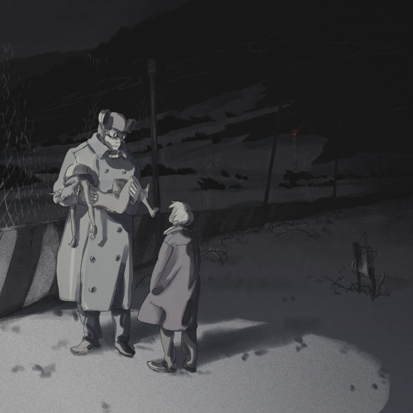 1girl 2boys amber389 barbed_wire barefoot braid buttons carrying chain-link_fence child closed_mouth coat commentary_request completely_nude double-breasted facing_away facing_up fence floating_hair frown goggles greyscale headlamp helmet highres long_coat looking_at_another low_twin_braids monochrome mountain multiple_boys night nude original outdoors pants princess_carry radio_tower red_light scarf shoes short_hair spot_color spotlight twin_braids