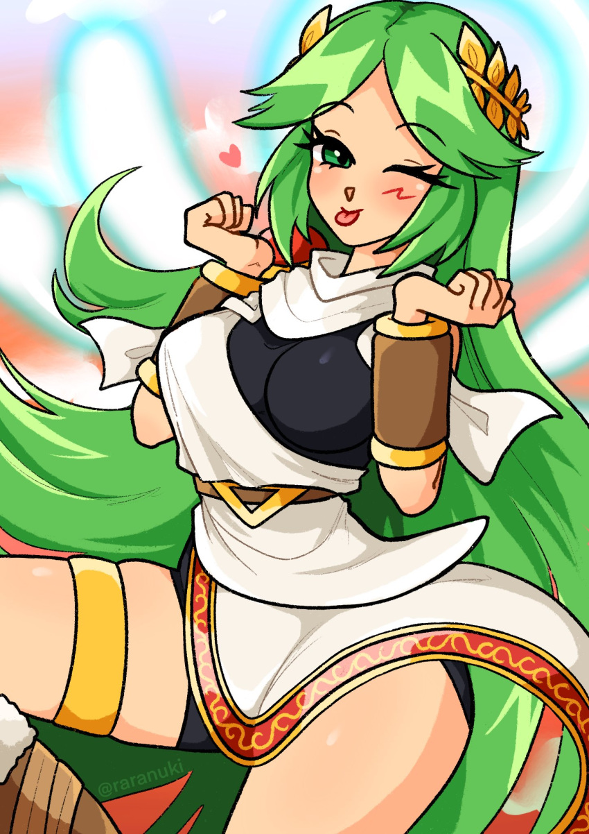 1girl armband blush breasts clenched_hands cosplay green_eyes green_hair heart highres kid_icarus laurel_crown long_hair looking_at_viewer one_eye_closed palutena pit_(kid_icarus) pit_(kid_icarus)_(cosplay) raranuki sky tongue tongue_out twitter_username very_long_hair