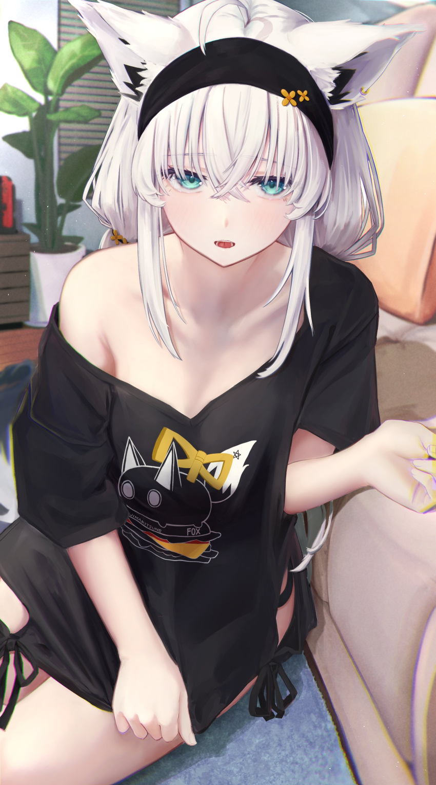 1girl absurdres ahoge animal_ear_fluff animal_ears aqua_eyes bare_shoulders black_shirt clothes_pull collarbone commentary_request couch crossed_bangs fox_ears hair_between_eyes highres hinataaoi_(iraiuketsukechuu) hololive indoors light_particles long_hair looking_at_viewer low_twintails open_mouth parted_lips plant potted_plant print_shirt pulled_by_self shirakami_fubuki shirt shirt_hold shirt_pull short_sleeves side-tie_shirt single_off_shoulder sitting thighs twintails virtual_youtuber white_hair