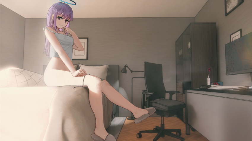 1girl absurdres bedroom bikini_bottom_removed blue_archive breasts camisole chair chinese_commentary closed_mouth commentary_request covered_nipples desk hair_down halo highres indoors looking_at_viewer looking_to_the_side medium_breasts monitor monstarno office_chair on_bed picture_(object) pillow purple_eyes purple_hair sidelocks sitting slippers smile solo sunlight swivel_chair thighs white_camisole yuuka_(blue_archive)