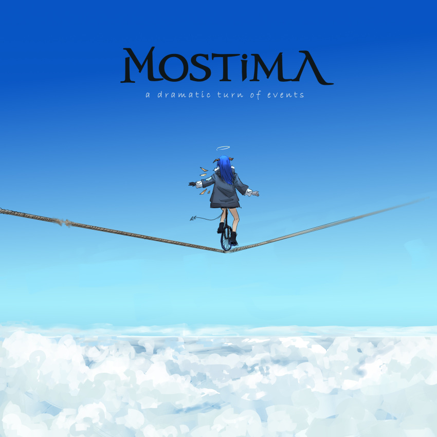 1girl absurdres album_cover album_cover_redraw arknights black_horns black_jacket blue_hair character_name cloud commentary cover day derivative_work dream_theater english_commentary english_text from_behind fur-trimmed_hood fur_trim halo highres hood hooded_jacket horns jacket long_hair long_sleeves monocycle mostima_(arknights) outstretched_arms parody riding_monocycle rope savitr07 sky solo spread_arms tail