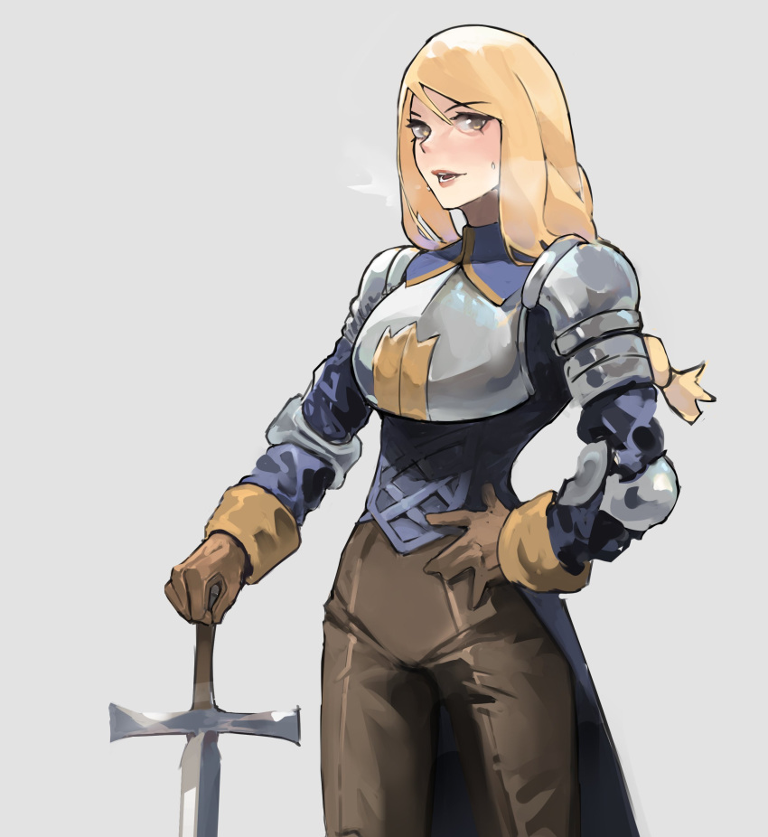 1girl absurdres agrias_oaks armor azisugito blonde_hair braid breasts brown_gloves exhausted gloves highres holding holding_weapon large_breasts open_mouth shoulder_armor simple_background solo sweat sword weapon