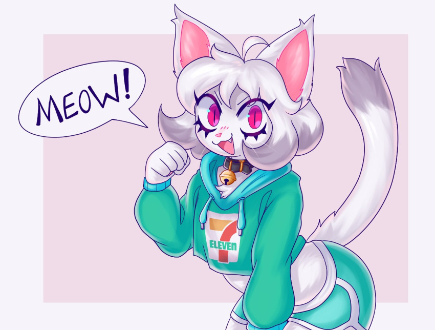 2021 7-eleven anthro blush blush_lines clothed clothing cropped_hoodie cute_fangs dialogue digital_media_(artwork) dolphin_shorts domestic_cat felid feline felis female female_anthro flat_chested fur hair kemono looking_at_viewer mammal meow meowing open_mouth paw_pose pose robo_(robosylveon) robosylveon short_hair solo speech_bubble tail text tongue