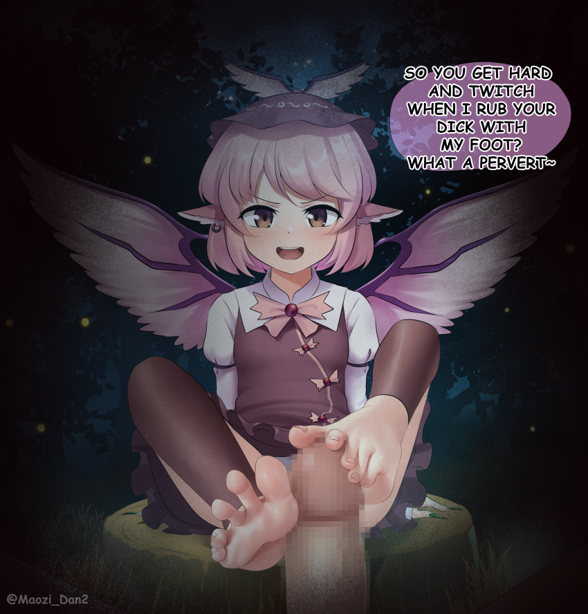 1girl absurdres barefoot censored earrings erection feet footjob hat highres jewelry knees_up looking_at_viewer maozi_dan mosaic_censoring mystia_lorelei night open_mouth penis pink_hair single_earring sitting_on_tree_stump soles spread_toes teeth toenails toes touhou two-footed_footjob upper_teeth_only wings