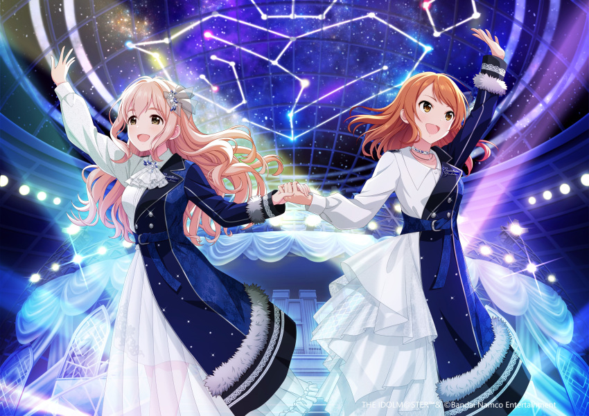 2girls absurdres brown_eyes brown_hair commentary_request dress hair_down hair_ornament highres hojo_karen holding_hands idolmaster idolmaster_cinderella_girls idolmaster_cinderella_girls_starlight_stage jewelry long_dress long_hair long_sleeves multiple_girls necklace official_art open_mouth pink_hair saionji_kotoka see-through stage_lights two-tone_dress