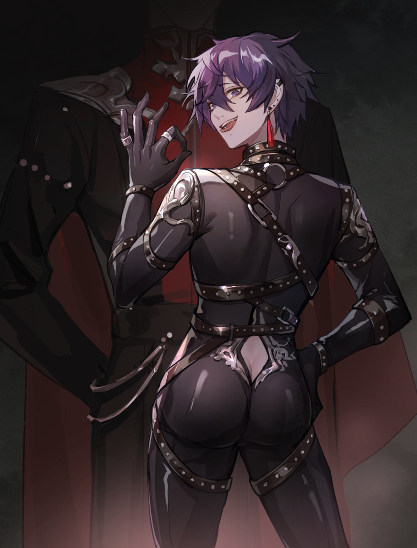 2boys ass back cape chest_harness cowboy_shot earrings fang formal hair_between_eyes hand_on_own_hip harness highres indie_virtual_youtuber jewelry long_sleeves looking_back male_focus multiple_boys multiple_piercings ncean nijisanji nijisanji_en ok_sign open_clothes open_mouth piercing purple_eyes purple_hair raised_eyebrow red_cape ring see-through shoto_(vtuber) solo_focus suit tassel tassel_earrings tongue tongue_out tongue_piercing virtual_youtuber vox_akuma