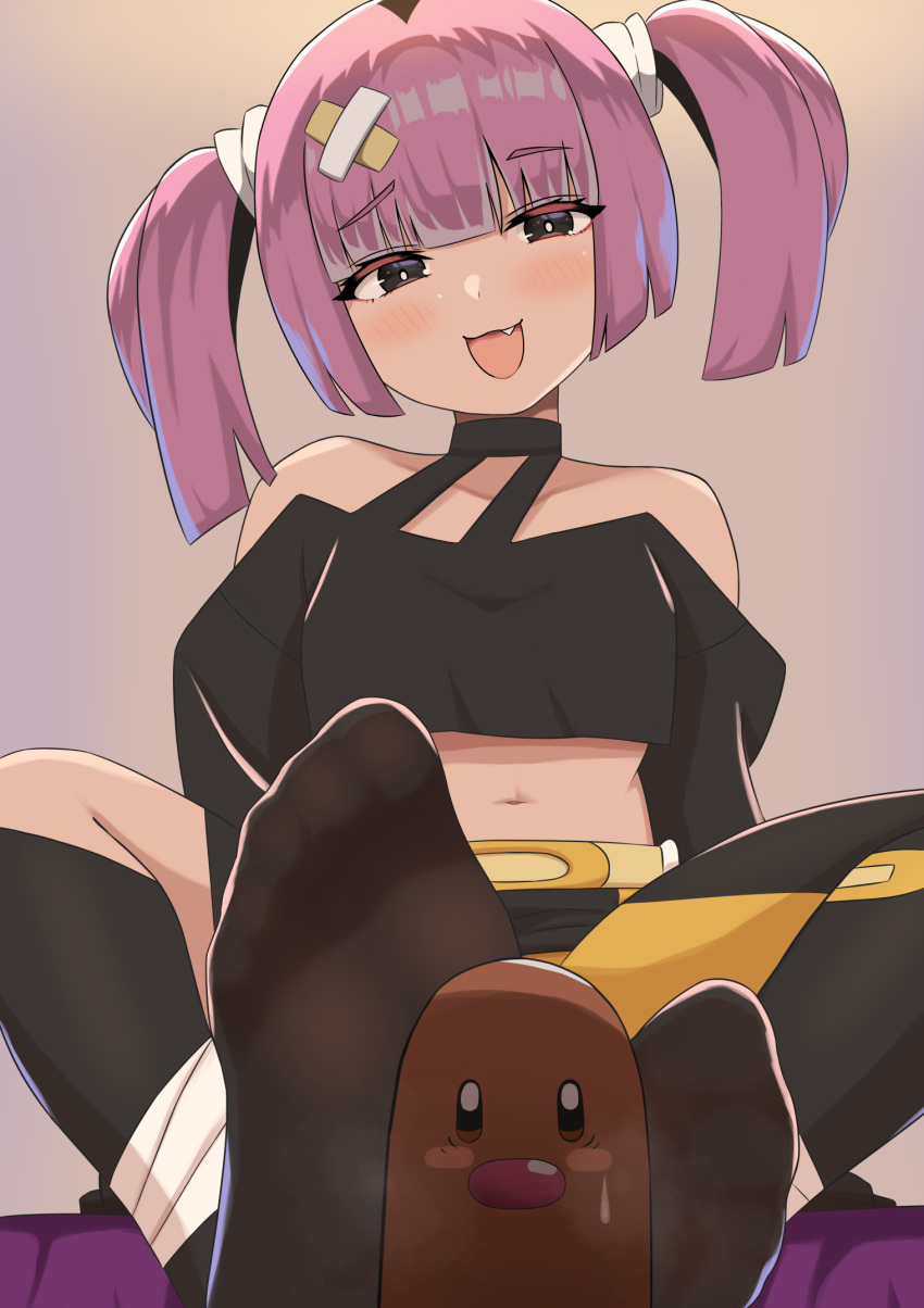 1girl :d aprico bare_shoulders belt belt_buckle black_eyes blunt_bangs blush breasts bright_pupils buckle choker commentary_request diglett fang feet grey_background hair_ornament highres leggings looking_at_viewer looking_down navel off-shoulder_shirt off_shoulder open_mouth pokemon pokemon_(anime) pokemon_(creature) pokemon_horizons purple_hair raised_eyebrows sango_(pokemon) sexually_suggestive shirt sitting smile twintails white_pupils yellow_belt