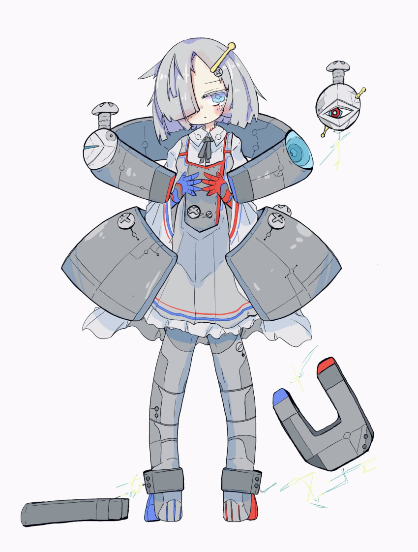 1girl blue_eyes crying crying_with_eyes_open dress full_body grey_dress hair_ornament hair_over_one_eye highres magnet magnetism magnezone monster_girl nail personification pokemon pokemon_(game) rein_(3313) screw short_hair solo tears