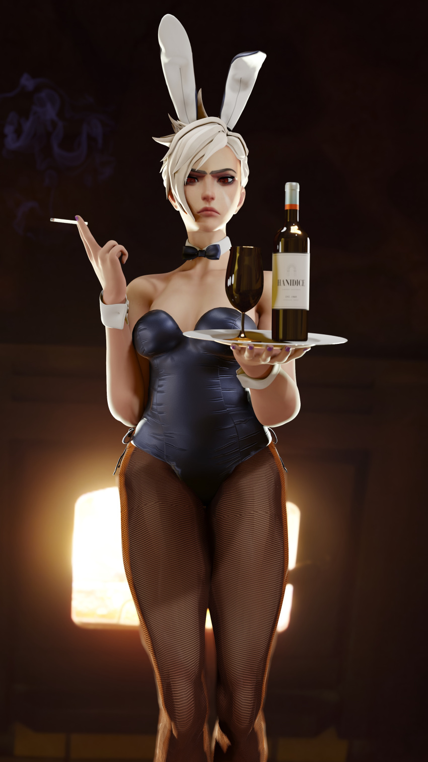 1girl 3d absurdres angry animal_ears cigarette highres league_of_legends looking_at_viewer otaviox6 pantyhose playboy_bunny rabbit_ears red_eyes riven_(league_of_legends) smoking white_hair