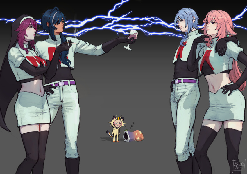 2boys 4girls arm_around_shoulder belt black_footwear black_gloves black_thighhighs blue_hair boots commentary cosplay crop_top diona_(genshin_impact) elbow_gloves electricity eyepatch feet_out_of_frame genshin_impact gloves gradient_background grey_background habit hand_on_own_hip highres james_(pokemon) james_(pokemon)_(cosplay) jessie_(pokemon) jessie_(pokemon)_(cosplay) kaeya_(genshin_impact) kamisato_ayato medium_hair meowth meowth_(cosplay) midriff miniskirt multiple_boys multiple_girls navel pants pencil_skirt pink_hair pokemon pokemon_(anime) purple_belt purple_hair rosaria_(genshin_impact) sayu_(genshin_impact) shirt short_sleeves skirt skirt_set standing stomach susti_(susti_nere) thighhighs thighs white_pants white_shirt white_skirt yae_miko zettai_ryouiki