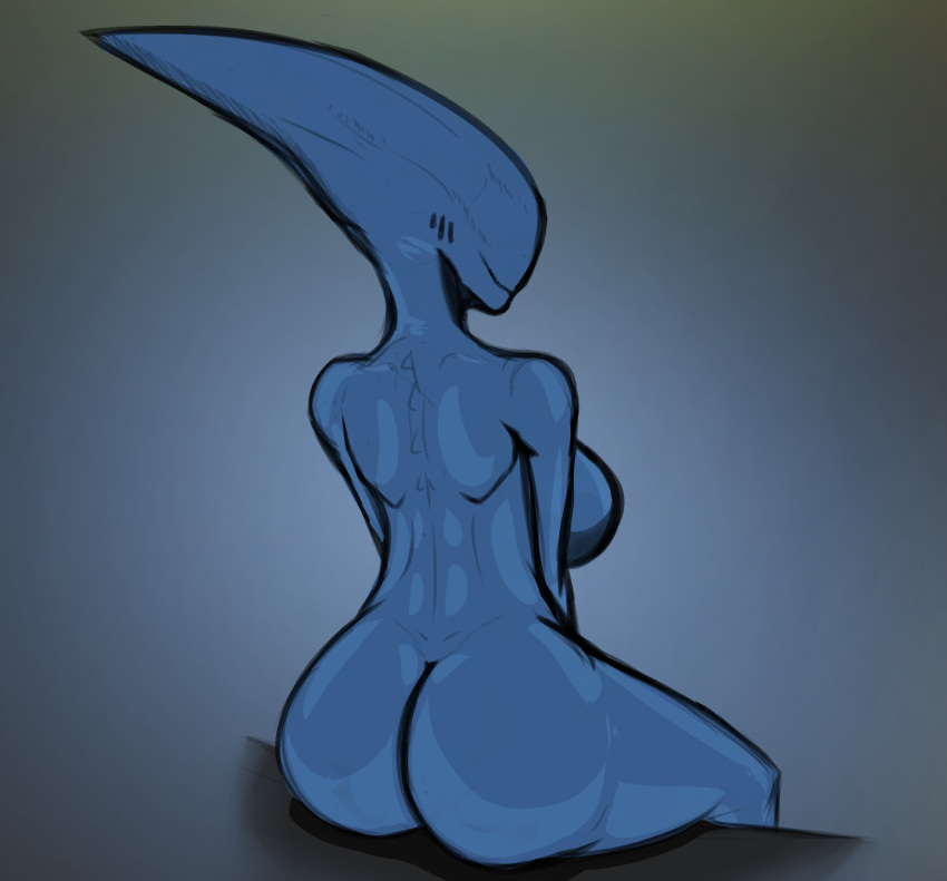 2020 alien alien_(franchise) alien_humanoid big_breasts big_butt big_head biped blue_body breasts butt eyeless female grey_background hi_res humanoid monotone_body noseless not_furry nude runawaystride shaded side_boob simple_background simple_shading sitting sitting_on_ledge smile solo three-quarter_view xenomorph
