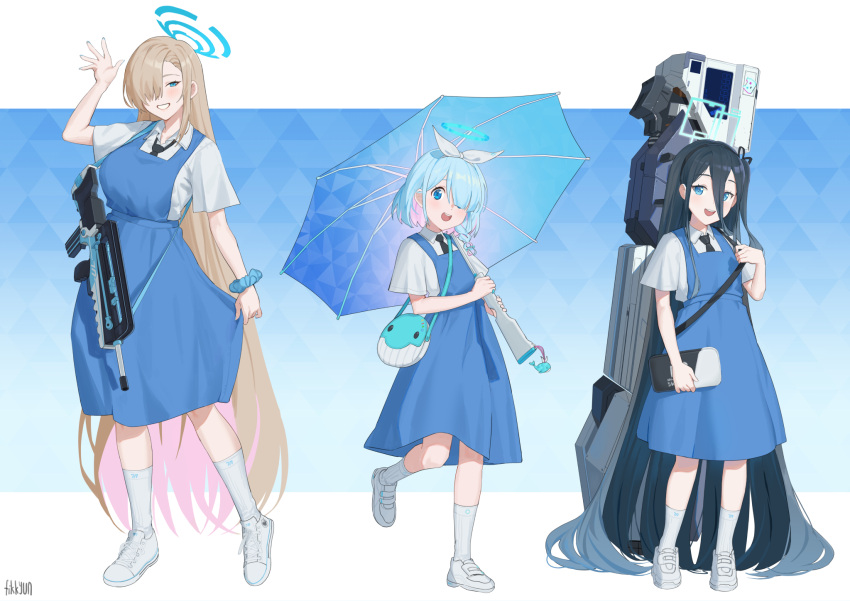 3girls absurdly_long_hair aris_(blue_archive) arm_up arona_(blue_archive) artist_name assault_rifle asuna_(blue_archive) bag black_hair black_necktie blonde_hair blue_archive blue_dress blue_eyes blue_hair breasts bullpup collared_shirt dress famas fikkyun flat_chest full_body gun hair_between_eyes hair_over_one_eye hairband halo highres holding holding_umbrella large_breasts long_hair multiple_girls necktie open_mouth pinafore_dress rifle scrunchie shirt shoes short_hair short_sleeves shoulder_bag sidelocks sleeveless sleeveless_dress sling smile sneakers socks standing standing_on_one_leg umbrella umbrella_gun very_long_hair waving weapon white_footwear white_shirt white_socks wrist_scrunchie