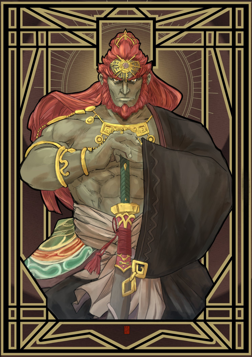 1boy bare_shoulders brown_background closed_mouth cowboy_shot ganondorf highres jewelry large_pectorals long_hair looking_at_viewer muscular muscular_male pectorals red_hair ring saikohlen_(zeichart) sword the_legend_of_zelda the_legend_of_zelda:_tears_of_the_kingdom weapon