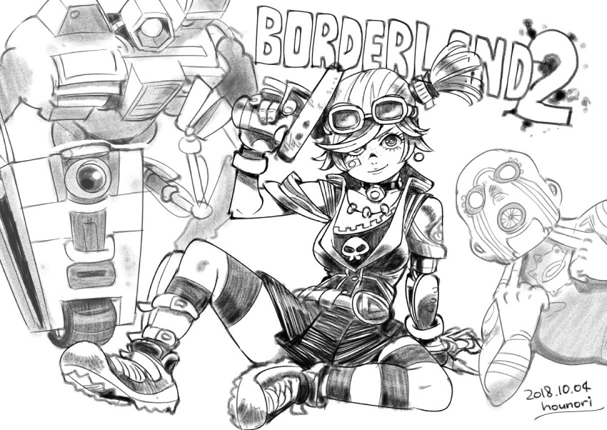 1boy 1girl bandaid bandaid_on_face borderlands_(series) borderlands_2 breasts choker claptrap closed_mouth dated full_body gaige gloves goggles greyscale gun hounori jewelry looking_at_viewer mask monochrome short_hair simple_background skirt smile thighhighs twintails weapon white_background