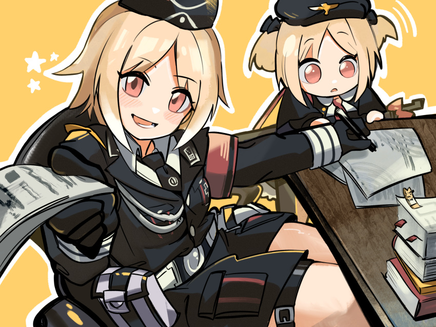 :d aiguillette belt beret black_bow black_headwear black_jacket black_necktie blonde_hair blush book book_stack bow breasts brown_eyes chesed_(uporyz) collared_shirt commission from_above garrison_cap girls'_frontline gun hair_bow hand_up hat highres holding holding_paper holding_pen jacket long_sleeves lower_teeth_only medium_breasts medium_hair military_hat military_uniform mp40 mp40_(girls'_frontline) mp40_(thumbelina)_(girls'_frontline) necktie on_chair open_mouth outline paper parted_lips pen pouch shirt sitting skeb_commission smile submachine_gun table teeth thigh_strap twintails uniform weapon white_outline white_shirt yellow_background