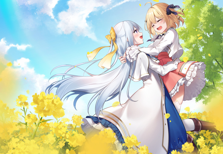 2girls ^_^ anisphia_wynn_palettia blonde_hair closed_eyes cloud euphyllia_magenta flower grey_hair hairband highres hug kisaragi_yuri long_hair multiple_girls short_hair skirt sky smile tensei_oujo_to_tensai_reijou_no_mahou_kakumei tree