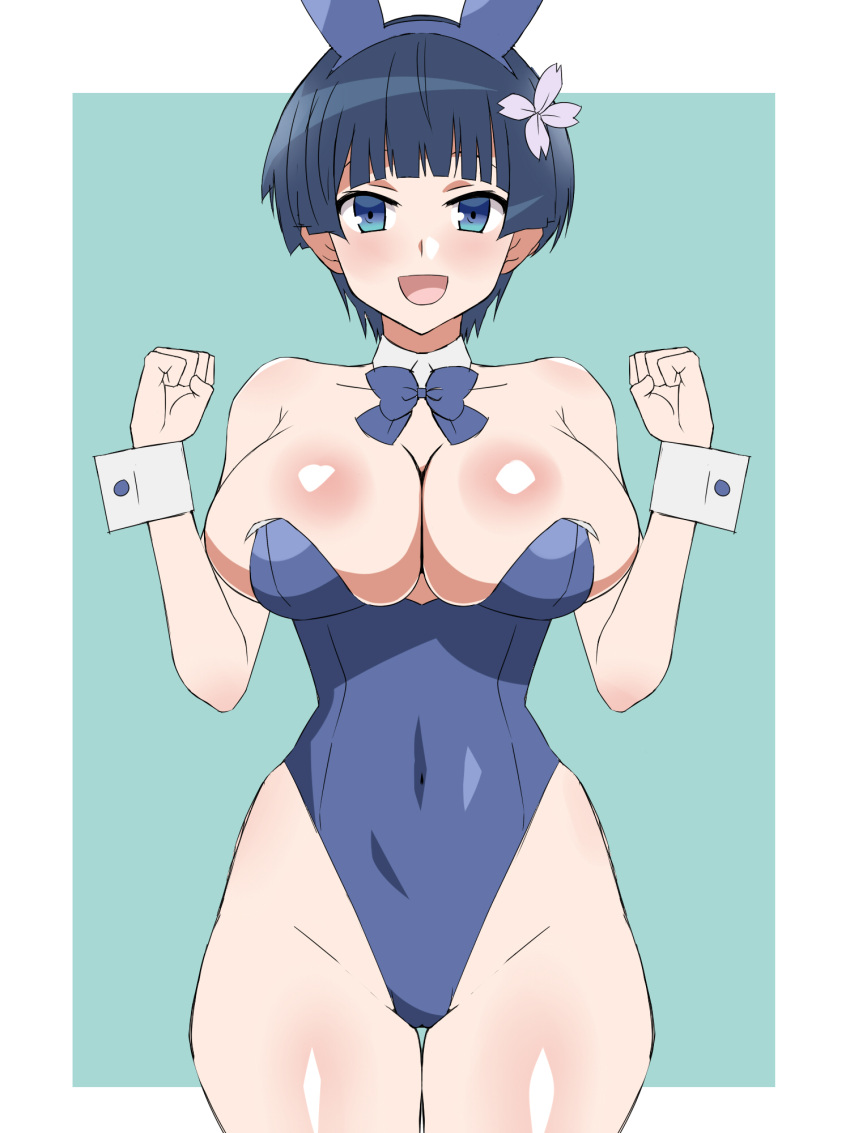 animal_ears arms_up blue_eyes blue_hair blush bow bowtie breasts covered_navel flower hair_flower hair_ornament highres kagemusha large_breasts open_mouth playboy_bunny rabbit_ears senran_kagura senran_kagura_estival_versus senran_kagura_shinovi_versus short_hair simple_background smile thighs yozakura_(senran_kagura)