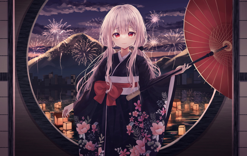 1girl aerial_fireworks black_bow black_kimono bow cityscape closed_mouth cloud cloudy_sky commentary_request fireworks floral_print grey_hair hair_between_eyes hair_bow highres holding holding_umbrella japanese_clothes kimono lantern long_hair long_sleeves looking_at_viewer low_twintails mountain obi oil-paper_umbrella original print_kimono red_bow red_eyes red_umbrella river round_window sash shiro_(acad1213) sky solo sunset twintails umbrella very_long_hair water wide_sleeves window