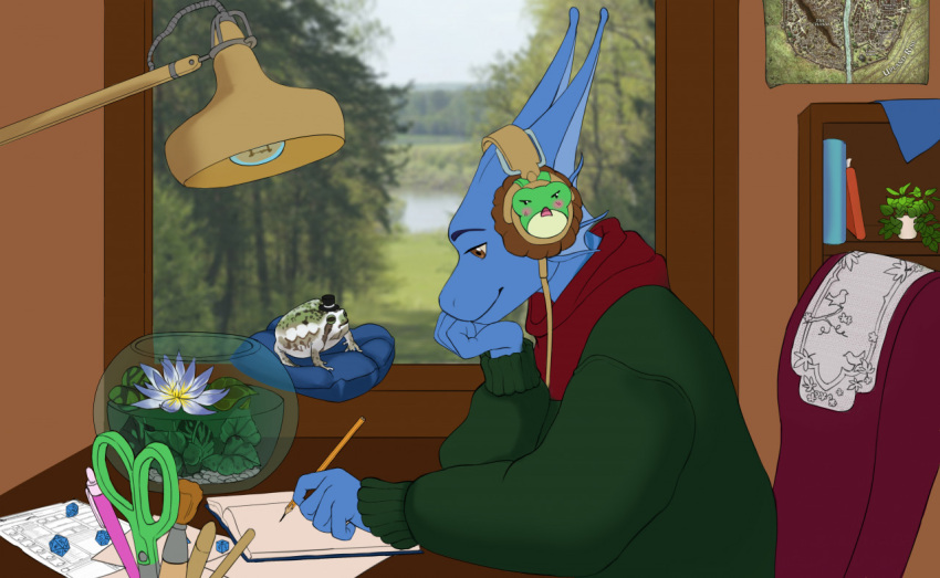 book clothed clothing detailed_background flower fur furniture horn inside lofi male mammal mordorinka pencil_(object) plant scalie smile solo sweater table topwear window