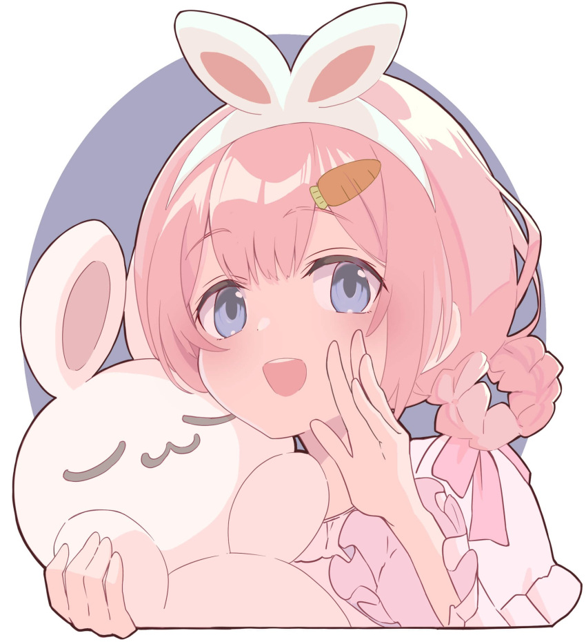 1girl :d animal_ears blue_eyes braided_hair_rings carrot_hair_ornament cropped_torso engawa_de fake_animal_ears food-themed_hair_ornament frilled_sleeves frills hair_ornament hairband hands_up highres holding holding_stuffed_toy long_sleeves looking_at_viewer nijisanji official_alternate_costume open_mouth pink_hair pink_ribbon rabbit_ears ribbon smile solo stuffed_animal stuffed_rabbit stuffed_toy suo_sango suo_sango_(2nd_costume) upper_body virtual_youtuber white_hairband