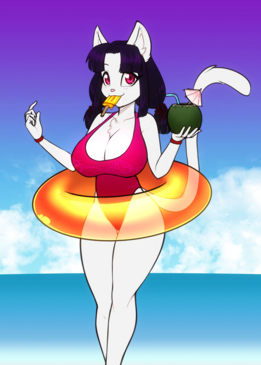 2023 anthro beach beverage big_breasts breasts chest_tuft cleavage clothed clothing coconut coconut_drink collarbone domestic_cat drupe_(fruit) eyebrow_through_hair eyebrows eyelashes felid feline felis female food fruit fur hair hi_res inflatable inner_ear_fluff inner_tube looking_at_viewer mammal mouth_hold one-piece_swimsuit pigtails pink_clothing pink_eyes pink_swimwear plant popsicle purple_hair scorpdk seaside smile solo swimwear translucent translucent_hair tuft white_body white_fur wristband