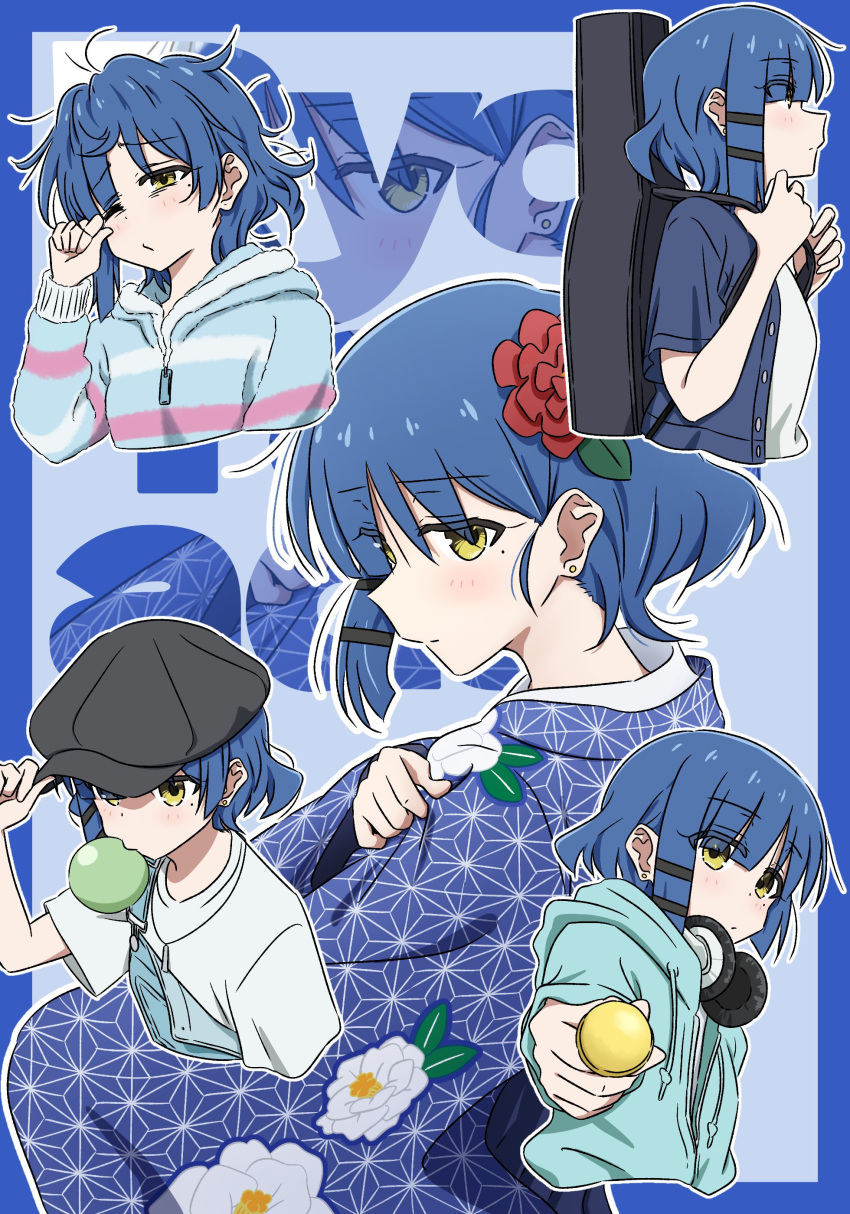 1girl absurdres alternate_costume asymmetrical_bangs asymmetrical_sidelocks black_headwear blue_background blue_hair blue_jacket blue_kimono blue_theme blunt_bangs bocchi_the_rock! candy choppy_bangs closed_mouth commentary earrings floral_print_kimono food from_side grey_jacket grey_overalls guitar_case hair_ornament hairclip hand_up hat headphones headphones_around_neck highres holding holding_candy holding_clothes holding_food holding_hat hood hood_down instrument_case jacket japanese_clothes jewelry kimono lollipop looking_at_viewer messy_hair mole mole_under_eye multiple_views nape oekaki_bibbi overalls print_kimono reaching reaching_towards_viewer rubbing_eyes shirt short_hair short_sleeves stud_earrings upper_body white_shirt yamada_ryo yellow_eyes zoom_layer