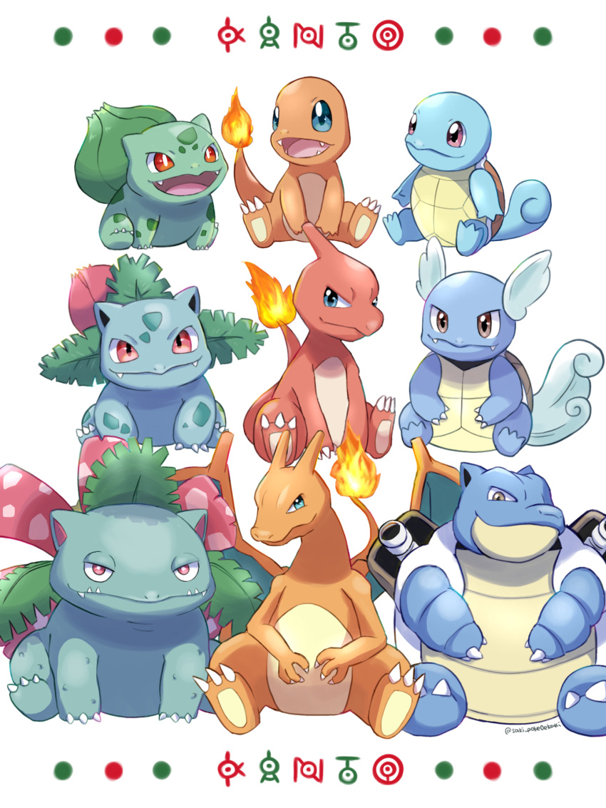 2022 ambiguous_gender blastoise blue_eyes bulbasaur charizard charmander charmeleon claws evolutionary_family fangs feral fire flaming_tail front_view generation_1_pokemon group hi_res ivysaur looking_at_viewer nintendo orange_body orange_skin pokemon pokemon_(species) red_body red_eyes red_skin saki_pokeoekaki simple_background sitting smile squirtle starter_trio tail teeth toe_claws trio venusaur wartortle white_background white_claws wings