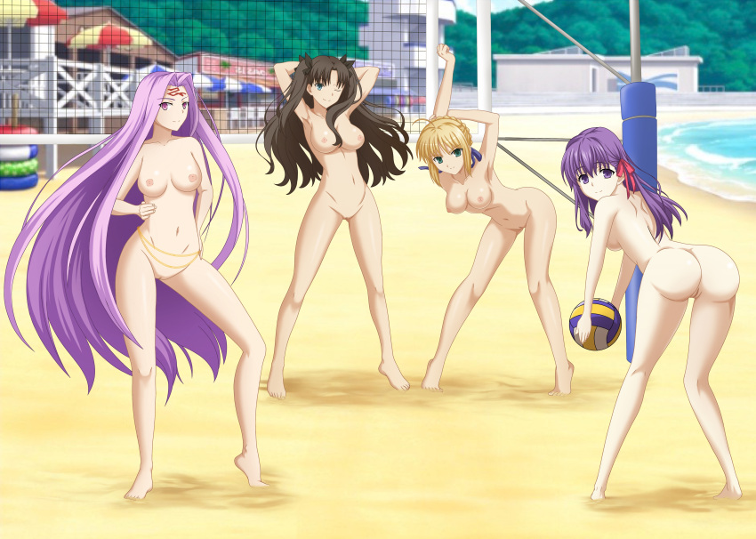 absurdres arms_behind_head artoria_pendragon_(fate) ass beach beach_volleyball belly_chain bent_over breasts completely_nude fate/stay_night fate_(series) full_body highres jewelry looking_at_viewer martinstorm91 matou_sakura medusa_(fate) nude ocean one_eye_closed outdoors saber sand tohsaka_rin uncensored volleyball volleyball_net water