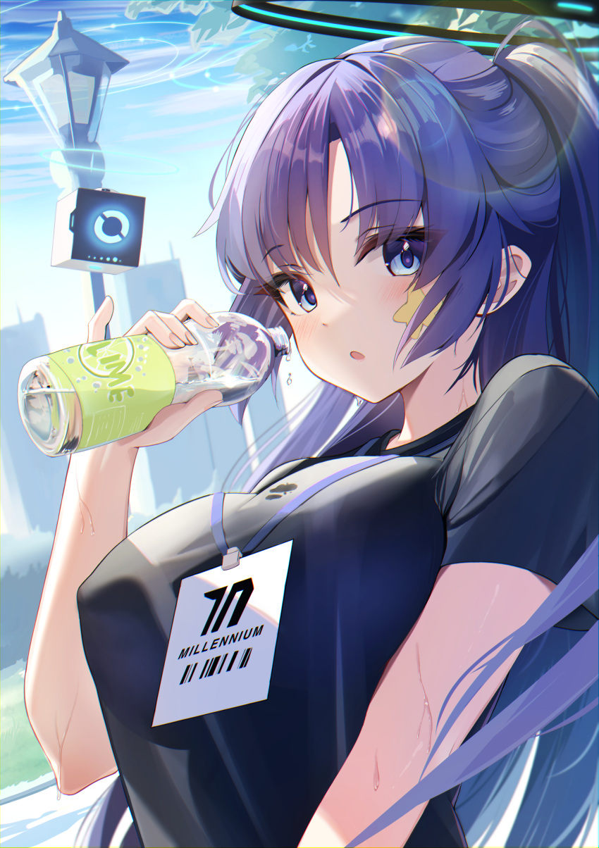 1girl absurdres black_shirt blue_archive blue_eyes blush bottle commentary_request day drinking drone hair_between_eyes halo highres holding holding_bottle id_card lanyard long_hair looking_at_viewer official_alternate_costume outdoors parted_lips plastic_bottle ponytail puripuri purple_hair shirt sidelocks solo star_sticker sticker_on_face sweat t-shirt upper_body water_bottle yuuka_(blue_archive) yuuka_(track)_(blue_archive)