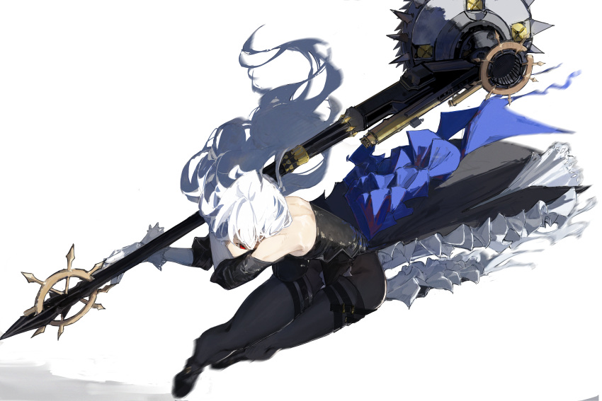 1girl absurdres arknights bare_shoulders black_pantyhose gloves highres holding holding_weapon long_hair monmon_(sleepymonmon) pantyhose red_eyes simple_background solo specter_(arknights) weapon white_background white_gloves white_hair