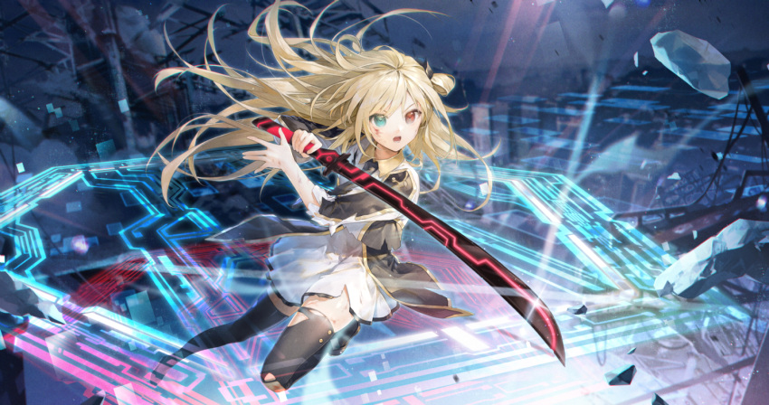 18_(backstreetno18) 1girl black_necktie blonde_hair breasts collared_dress dress duel_monster floating full_body green_eyes heterochromia holding holding_sword holding_weapon long_hair long_sleeves necktie open_mouth red_eyes sky_striker_ace_-_raye solo sword thighhighs torn_clothes torn_dress torn_thighhighs two-tone_dress weapon yu-gi-oh!