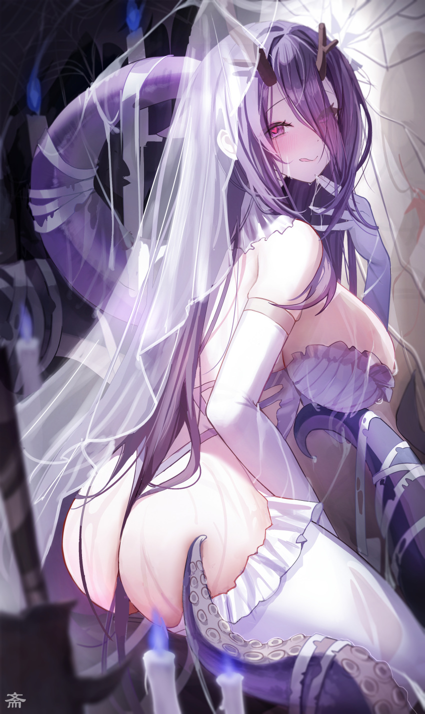 1girl absurdres ass azur_lane bare_shoulders blush breasts closed_mouth elbow_gloves from_behind gloves golden_hind_(azur_lane) golden_hind_(forlorn_femme_fatale)_(azur_lane) hair_between_ass hair_between_eyes heart heart-shaped_pupils highres huge_breasts large_breasts licking_lips long_hair looking_at_viewer looking_back official_alternate_costume purple_hair red_eyes solo symbol-shaped_pupils tansuan_(ensj3875) thong tongue tongue_out wet wet_clothes