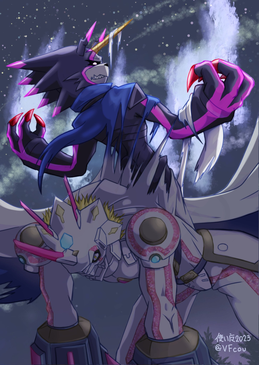 anthro bandai_namco black_body black_sclera blonde_hair cape claws clothing digimon digimon_(species) digimon_ghost_game duo evolutionary_family gulusgammamon hair hi_res horn humanoid male siriusmon sky star starry_sky vfcou white_body yellow_eyes