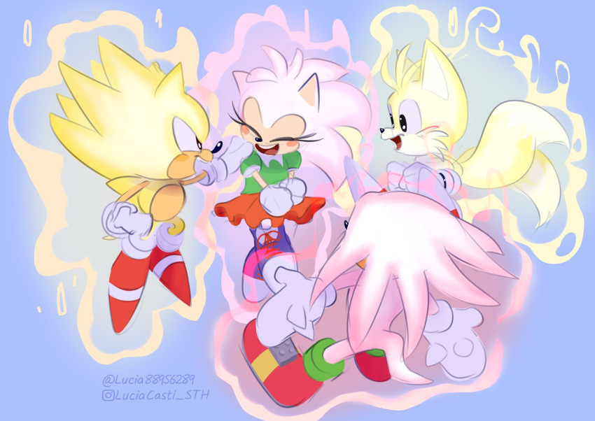 1girl 3boys amy_rose aura blush blush_stickers eyelashes floating glowing hand_on_another's_shoulder happy highres knuckles_the_echidna lucia88956289 multiple_boys shoes skirt smile sneakers sonic_(series) sonic_superstars sonic_the_hedgehog spiked_knuckles super_amy_rose super_knuckles super_sonic super_tails tails_(sonic)