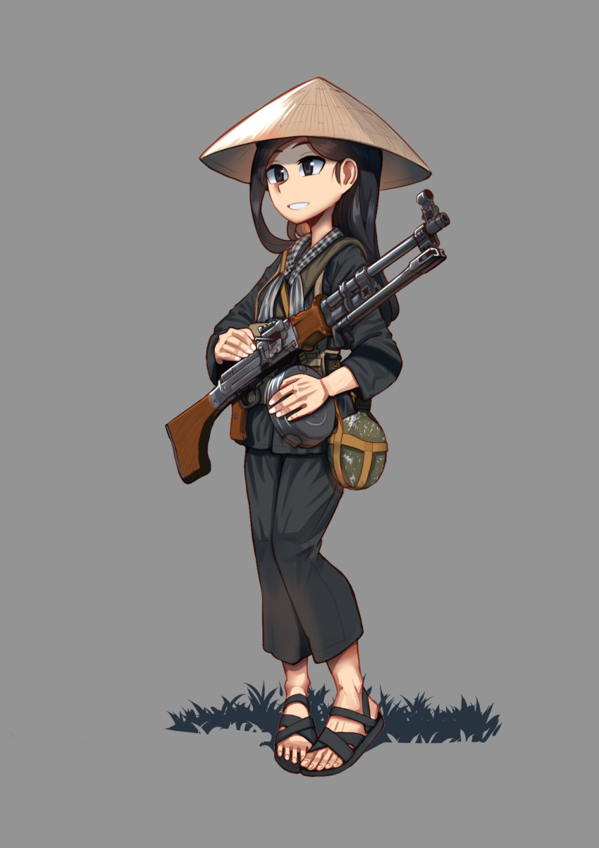 1girl black_footwear black_hair black_jacket black_pants breasts brown_headwear commentary commission english_commentary erica_(naze1940) grey_background gun hat highres hip_flask jacket light_machine_gun long_hair looking_away machine_gun original pants rice_hat rpd sandals simple_background small_breasts solo weapon