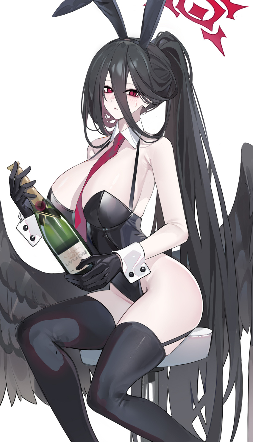 1girl animal_ears black_gloves black_hair black_leotard black_thighhighs black_wings blue_archive blush bottle breasts detached_collar echj fake_animal_ears feathered_wings gloves hair_between_eyes halo hasumi_(blue_archive) highres holding holding_bottle large_breasts leotard long_hair mole mole_under_eye necktie playboy_bunny rabbit_ears red_halo red_necktie simple_background sitting solo sweatdrop thighhighs thighs white_background wings