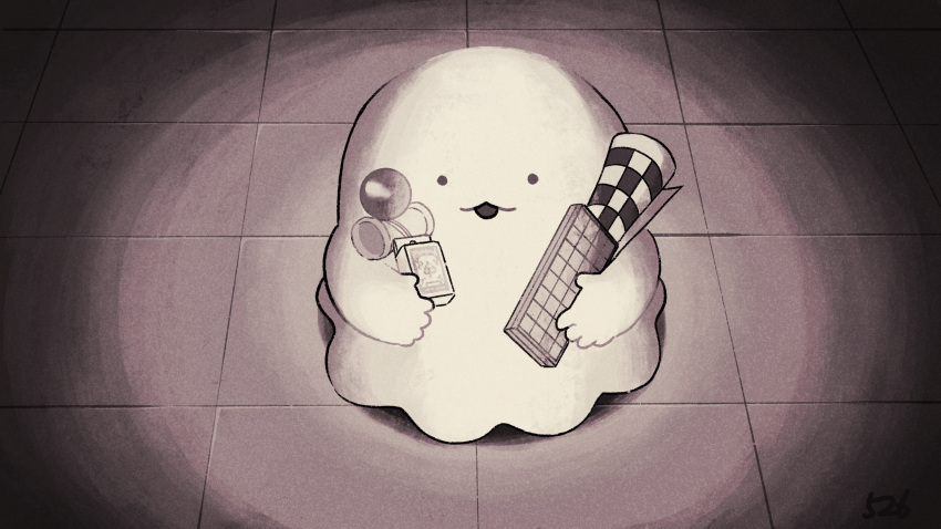 :p chessboard dark deck_of_cards ghost highres holding holding_toy kendama kojiro337 looking_at_viewer original sepia signature spotlight tile_floor tiles tongue tongue_out toy