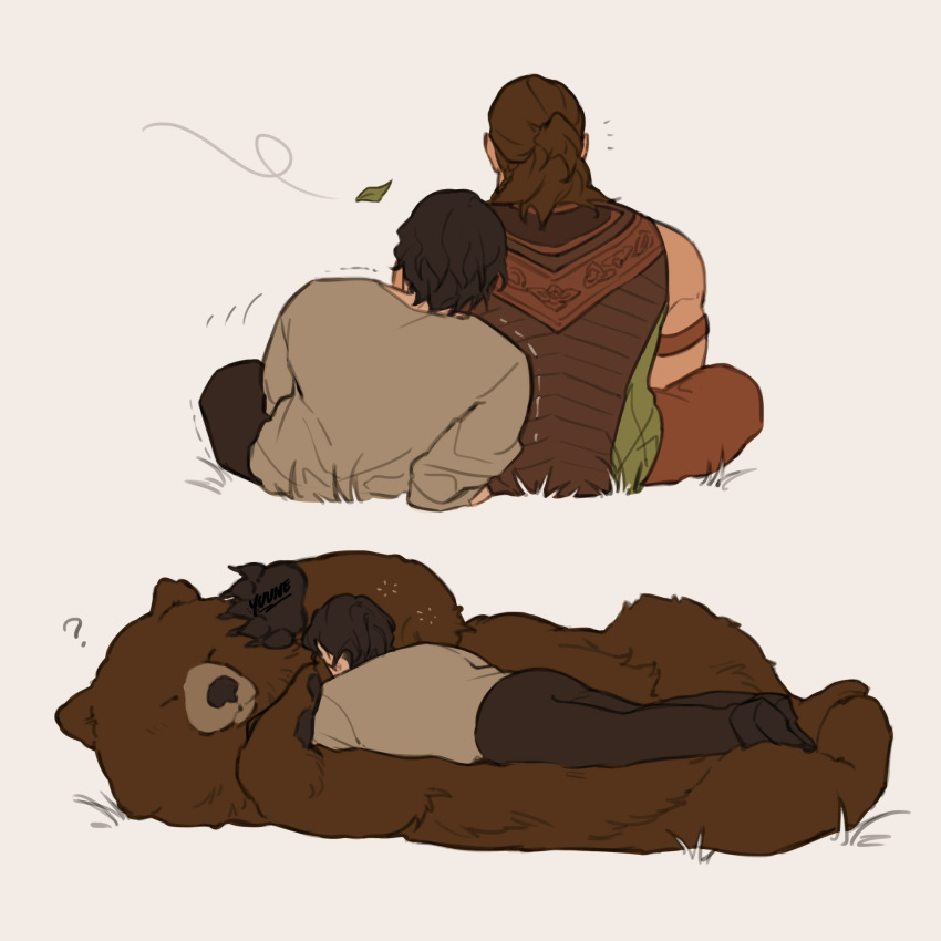 baldur's_gate bear brown_body brown_fur brown_hair cuddling druid duo elf feral fur hair halsin halsin_(baldur's_gate) hi_res human humanoid humanoid_pointy_ears magic_user male male/male mammal muscular muscular_humanoid muscular_male romantic romantic_couple scar tattoo tribal_spellcaster yuune