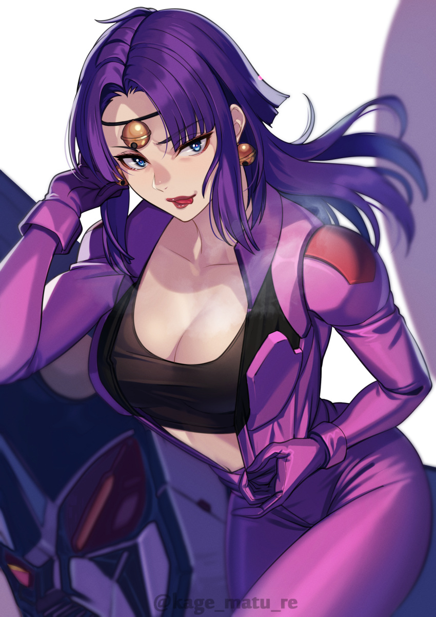 1girl absurdres bell bell_earrings black_headband black_shirt blue_eyes breasts collarbone cropped_shirt earrings eyeshadow floating_hair fuala_griffon gloves gundam hair_behind_ear headband highres jewelry kagematsuri leaning_forward licking_lips long_hair looking_to_the_side makeup mecha medium_breasts mobile_suit parted_hair purple_gloves purple_hair red_eyeshadow robot shirt solo tongue tongue_out twitter_username victory_gundam zanneck zanscare