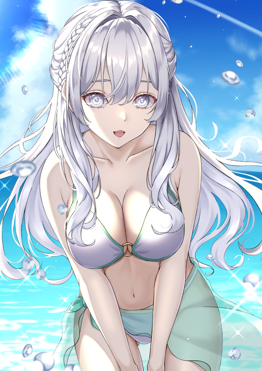 1girl absurdres ass_visible_through_thighs bikini braid breasts cloud collarbone cowboy_shot green_sarong grey_eyes grey_hair highres long_hair navel o-ring o-ring_bikini open_mouth original sarong sky sou_skate714 sparkle swimsuit water_drop white_bikini