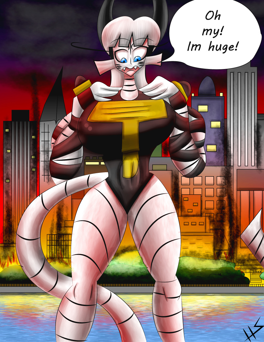 absurd_res big_breasts blue_eyes breasts city felid female fire hi_res huge_breasts huge_ears humanoid hyper ivory_(suicidearts) mammal pantherine size_transformation solo suicidearts tiger transformation villian
