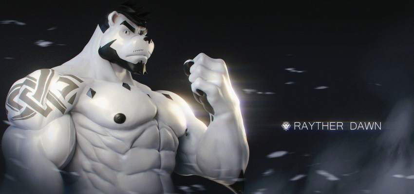 2023 abs anthro arm_tattoo arm_tuft barazoku bear beard biceps black_background black_hair black_nipples black_pawpads character_name chest_gem deltoids elbow_tuft f_mandelbrot facial_hair fist fur hair hi_res male mammal muscular muscular_anthro muscular_male nipples obliques pawpads pecs polar_bear rayther_dawn shoulder_tattoo simple_background solo tattoo tuft ursine vein veiny_muscles white_body white_fur