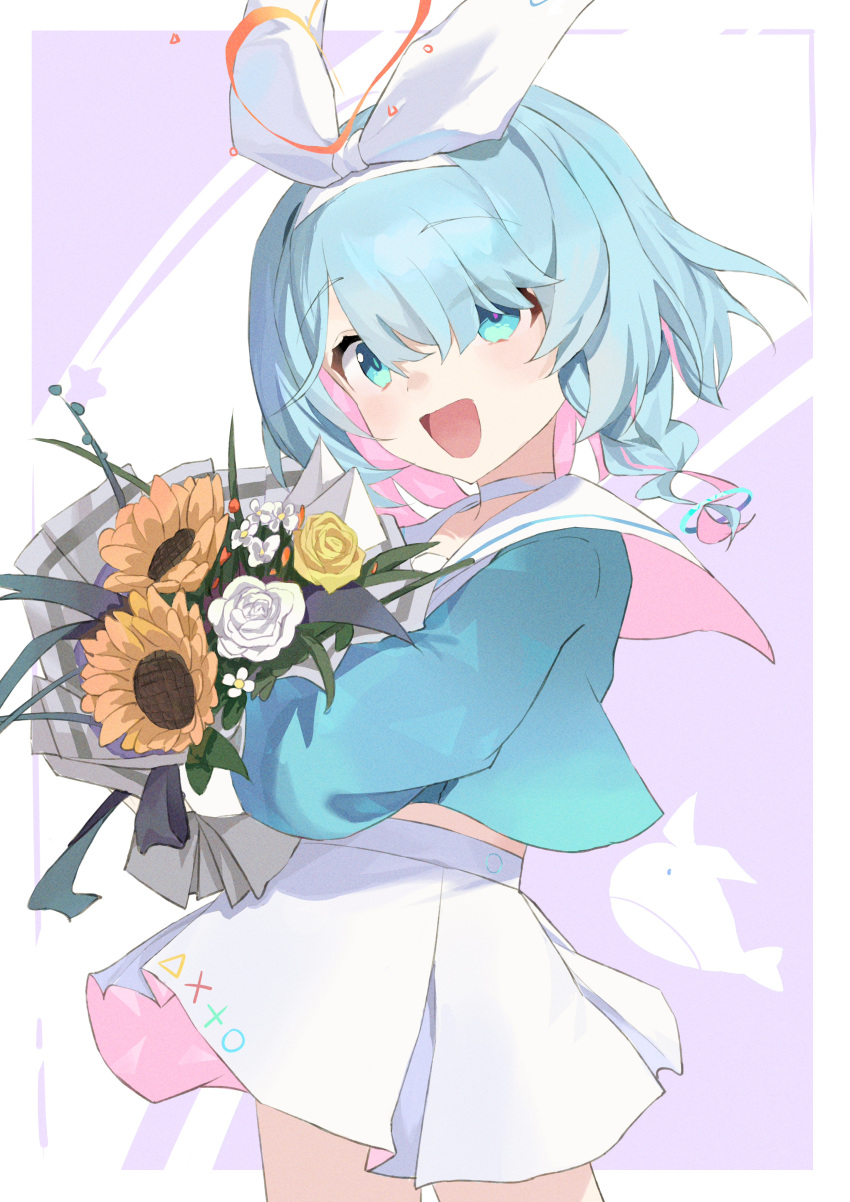 1girl absurdres aqua_eyes arona_(blue_archive) ayaha_4780828 blue_archive blue_hair blue_shirt border bouquet braid choker colored_inner_hair commentary_request cowboy_shot flower hair_over_one_eye hair_ribbon halo heart_halo highres holding holding_bouquet long_sleeves looking_at_viewer midriff multicolored_hair open_mouth orange_halo pink_hair ribbon rose sailor_collar shirt short_hair side_braid simple_background skirt smile solo standing sunflower white_border white_choker white_flower white_ribbon white_rose white_sailor_collar white_shirt white_skirt yellow_flower yellow_rose