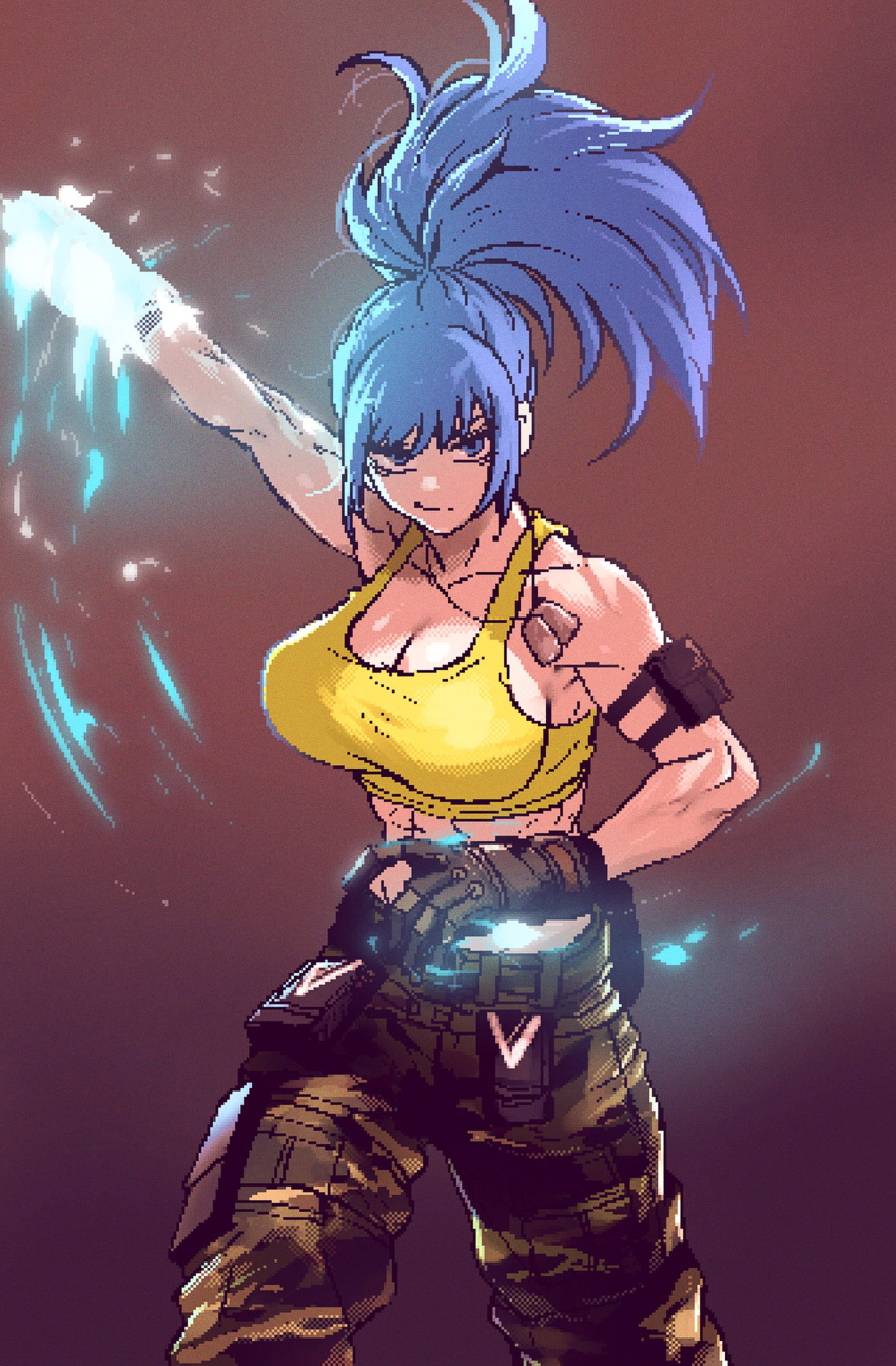 1girl abs absurdres arm_pouch biceps blue_eyes blue_hair boots breasts camouflage camouflage_pants cargo_pants combat_boots crop_top dog_tags earrings gloves highres jewelry leona_heidern muscular muscular_female pants pixel_art pixelated ponytail sleeveless soldier solo spoiledmuffin tank_top the_king_of_fighters the_king_of_fighters_xv triangle_earrings yellow_tank_top