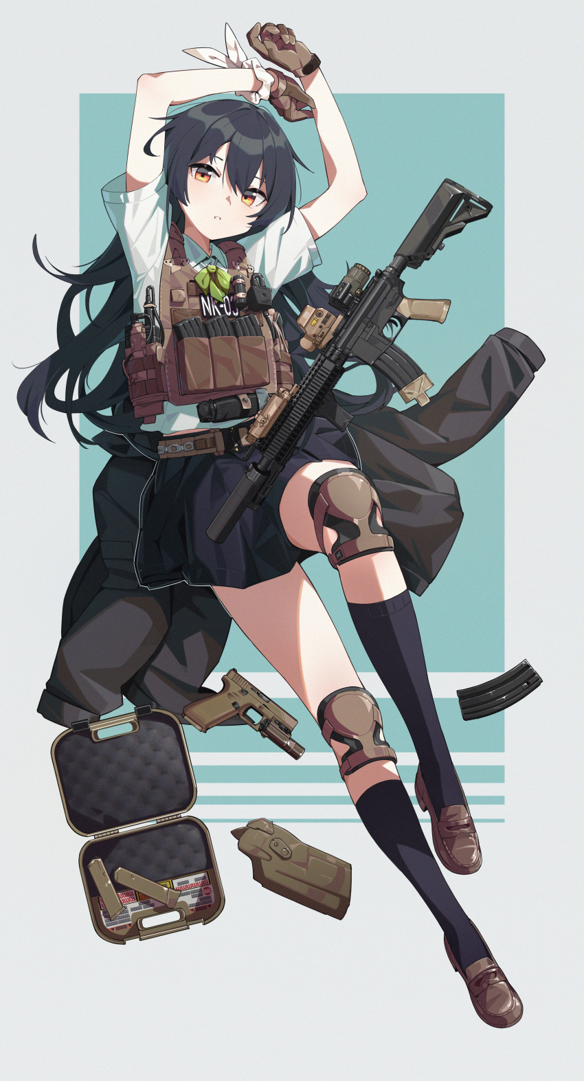 1girl absurdres arms_up assault_rifle bei_hua black_hair black_jacket black_skirt brown_gloves chest_rig expressionless gloves gun handgun highres jacket knee_pads looking_at_viewer m4_carbine magazine_(weapon) optical_sight orange_eyes original rifle school_uniform shirt sig_sauer_p320 skirt solo suppressor weapon white_shirt