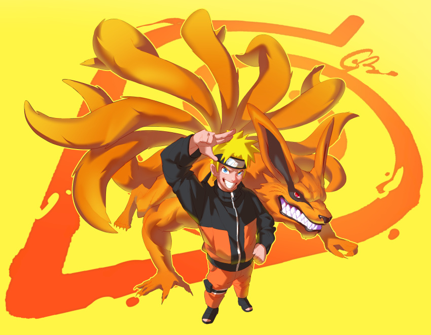 5_fingers absurd_res biped blonde_hair blue_eyes canid canine cc-by-nc claws clothed clothing creative_commons feral fingers fur geyko hair hi_res human kurama mammal multi_tail naruto naruto_uzumaki orange_body orange_fur red_eyes sharp_teeth smile tail teeth