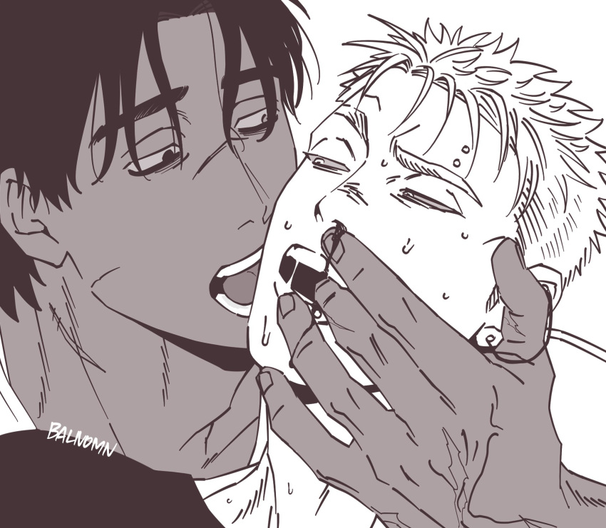 2boys balnom bara blind blood dark-skinned_male dark_skin finger_in_another's_mouth half-closed_eyes highres interracial licking licking_another's_cheek licking_another's_face male_focus mature_male mismatched_pupils monochrome multiple_boys nosebleed original saliva short_hair sweat thick_eyebrows very_sweaty yaoi